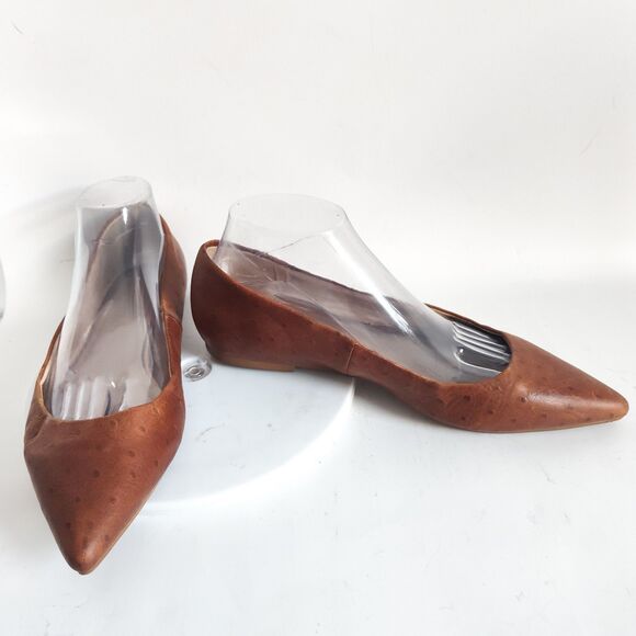Seychelles Flats Size 10 Leather Pointy Toe Camel Tan Ostrich Embossed Preppy - Picture 6 of 10